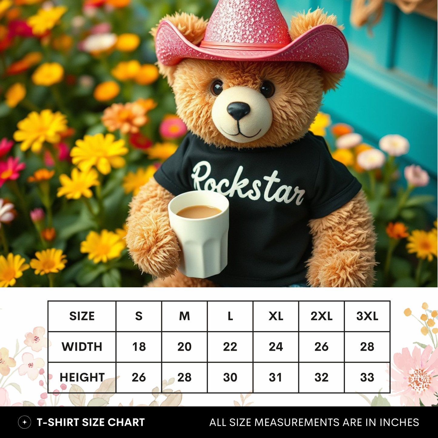 Teddy bear wearing a cowboy hat and 'Rockstar' t-shirt with a cup, set against a floral background.
